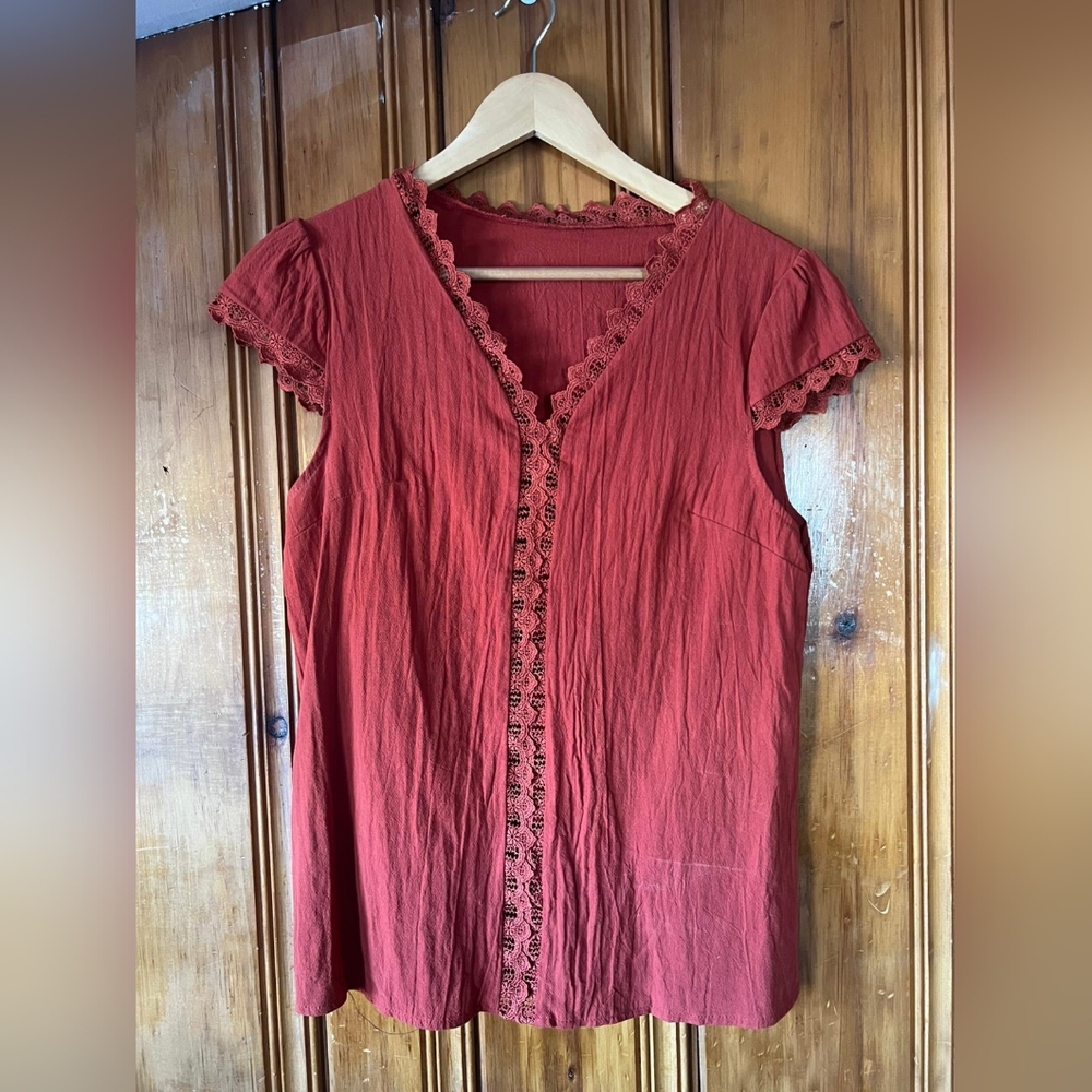 Lace-Trimmed Red Blouse